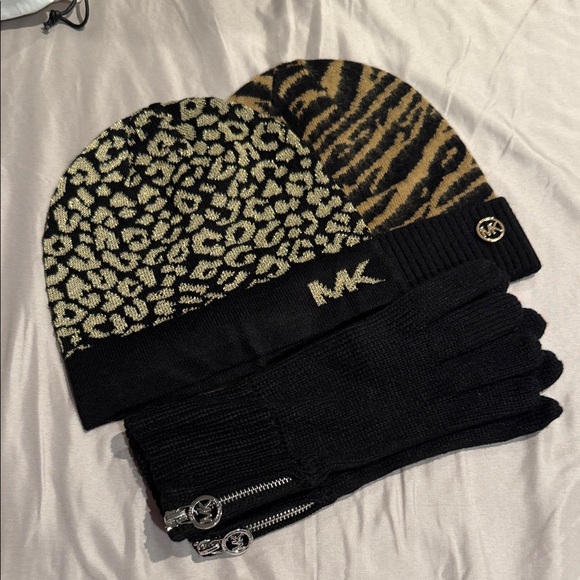Michael Kors Black and Gold Knit Gloves and Beanie Set - Picture 1 of 5